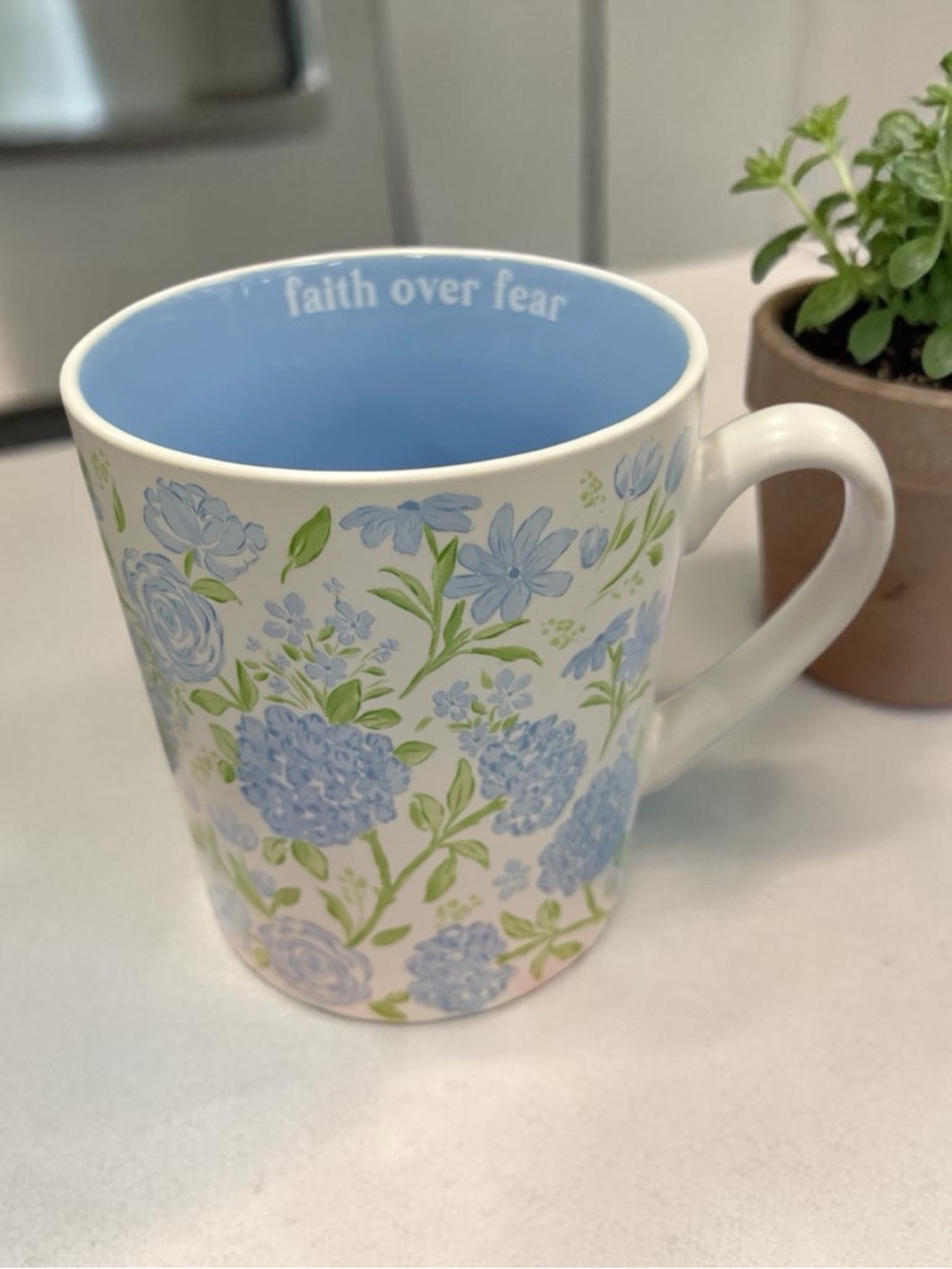 Floral Blue 'Faith Over Fear' Ceramic Coffee Mug